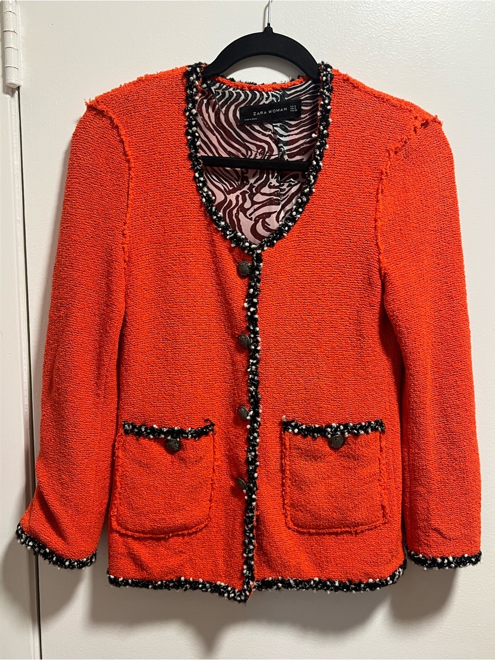Zara Bright Orange Bouclé Blazer with Beaded Trim